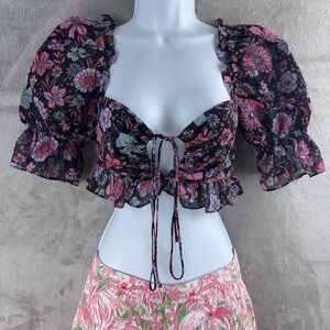 Majorelle Crop Top Womens Size XS Black Pink Floral Puff Sleeve Ruffle‎ Tie